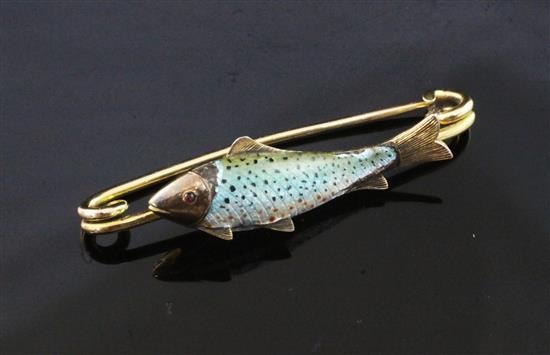 A late Victorian 15ct gold and enamel fishing related brooch, modelled as a trout, 1.75in.